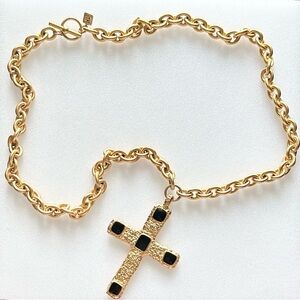 Anne Klein Byzantine Black Enamel Cross Matte Gold Tone Chain Necklace 28”